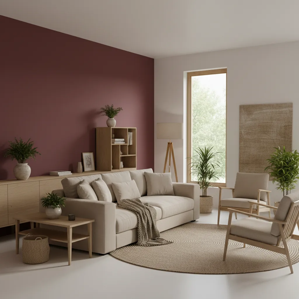 Maroon wall paired with light wood furniture and neutral decor