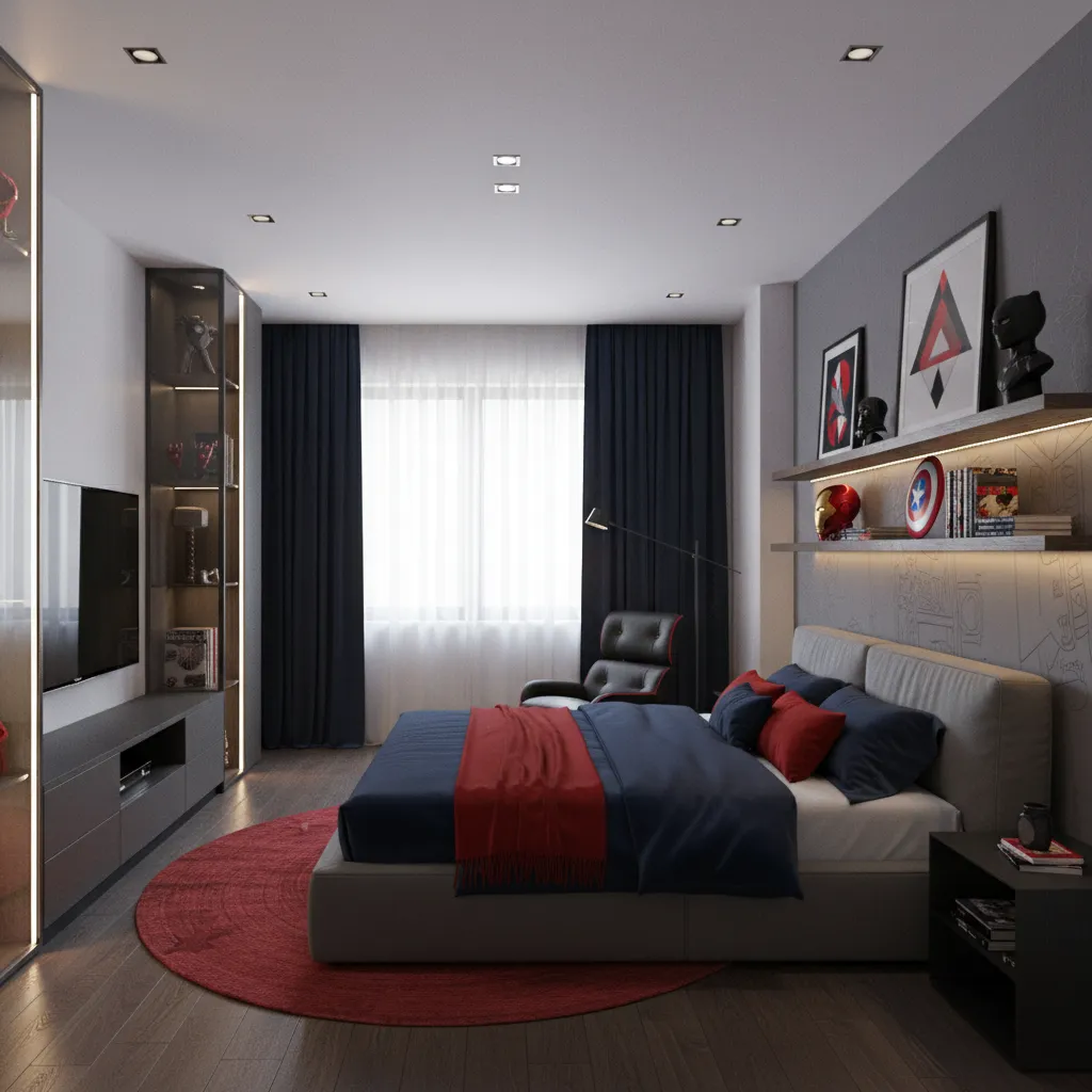 Marvel themed bedroom using red blue and gray balanced color palette