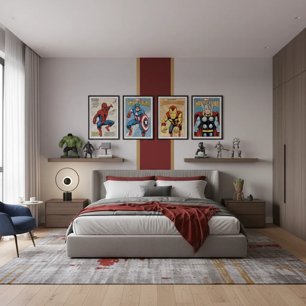 Marvel themed bedroom wall art with posters and shelves