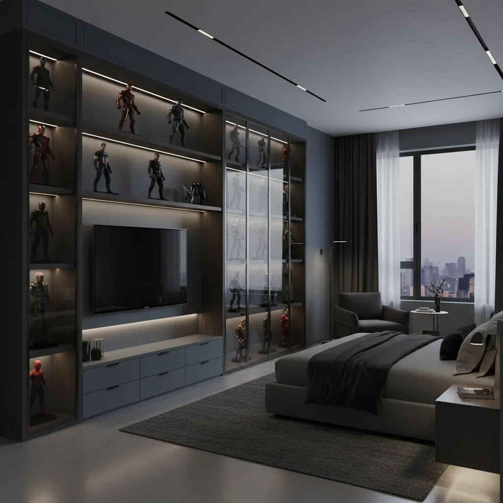 Marvel collectible display shelf integrated into bedroom decor