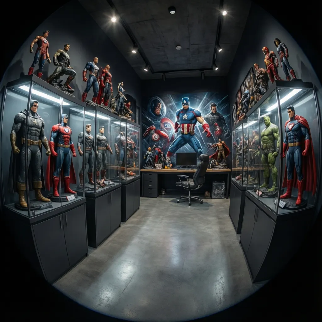 Marvel collectible display room with lit shelves and statues