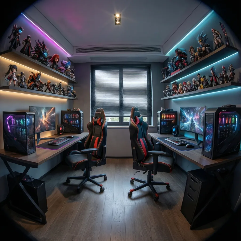 Marvel themed gaming room layout with desk, display shelves and LED lighting