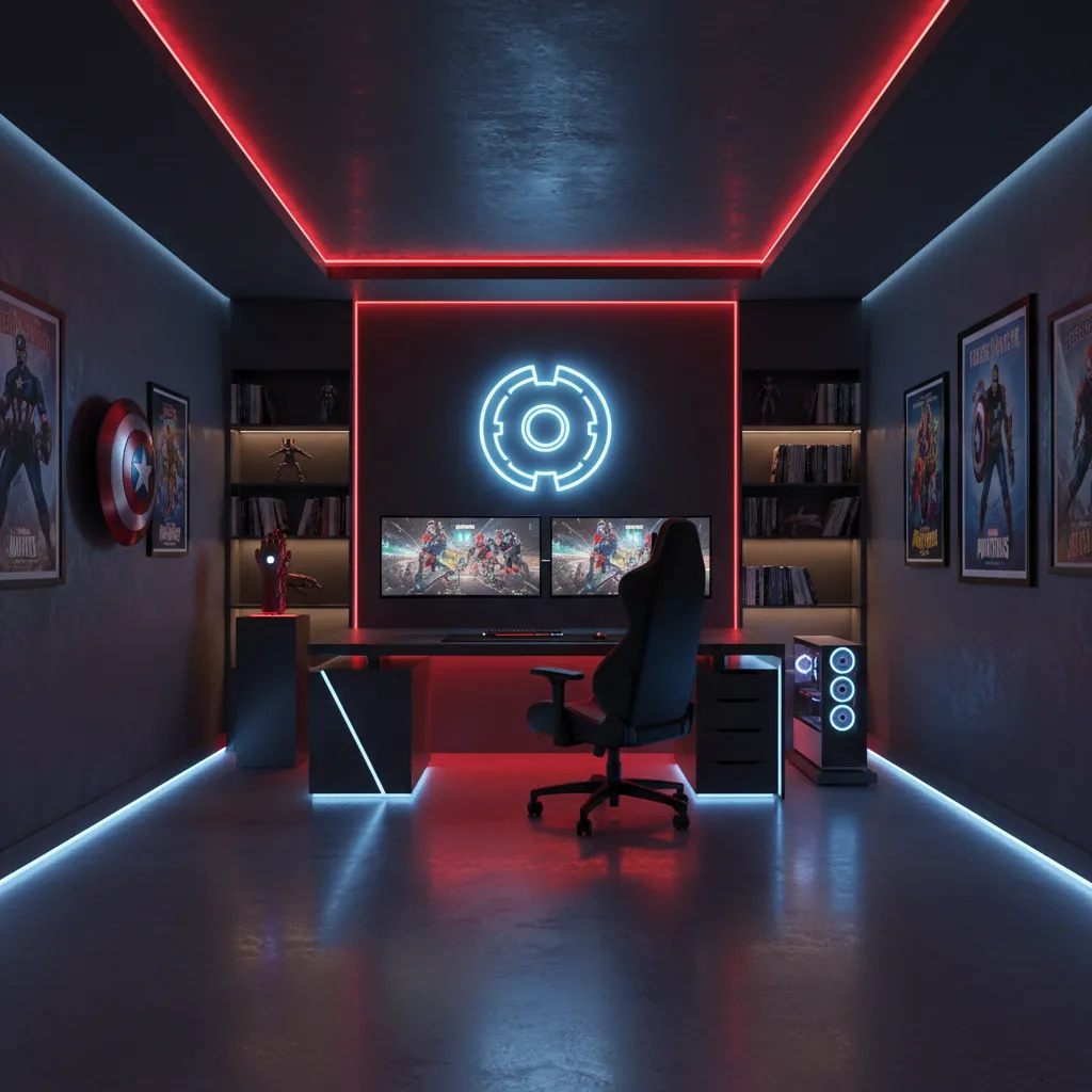 Marvel themed gaming room with LED lights and superhero wall decor
