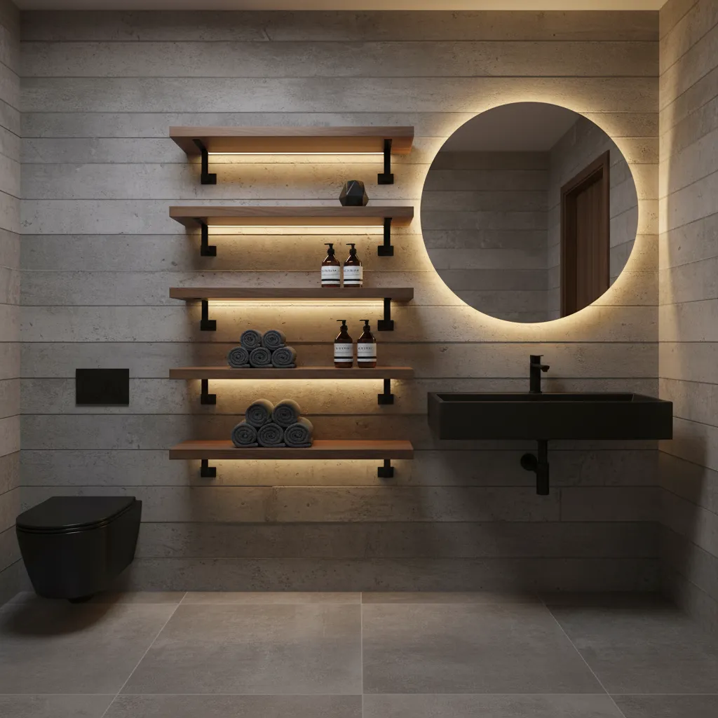 Walnut floating shelves with minimal decor in a masculine bathroom