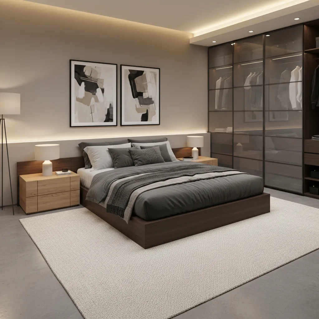 Complete masculine bedroom design showing balanced furniture and decor budget
