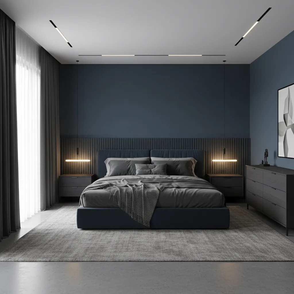 Masculine bedroom with gray blue palette and balanced lighting