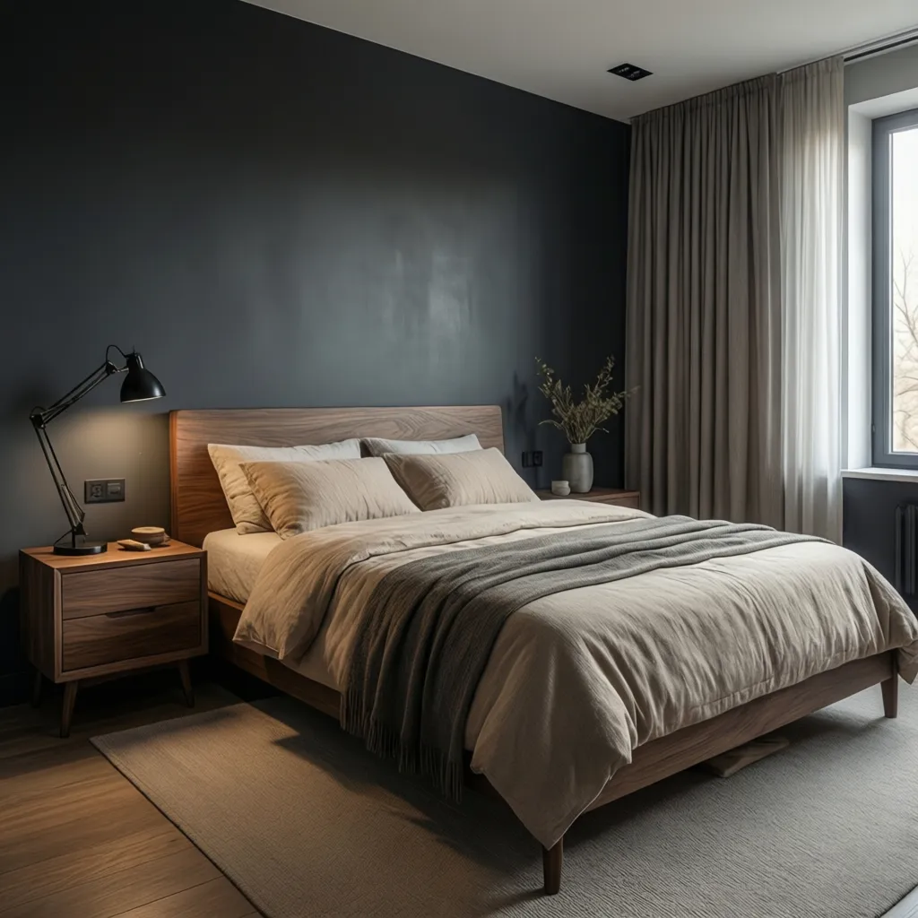 Masculine bedroom with charcoal walls, beige bedding, and wood furniture