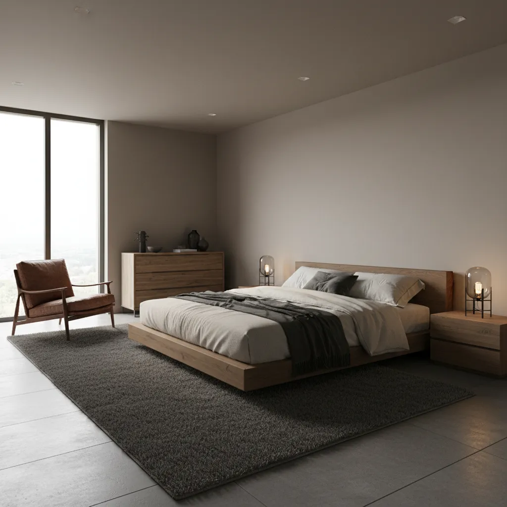 male bedroom with leather chair textured bedding and wool rug