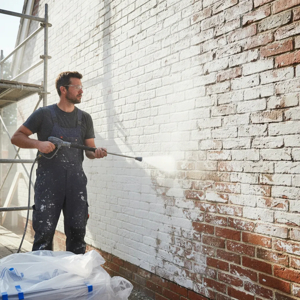 Low pressure cleaning of limewashed brick before repainting