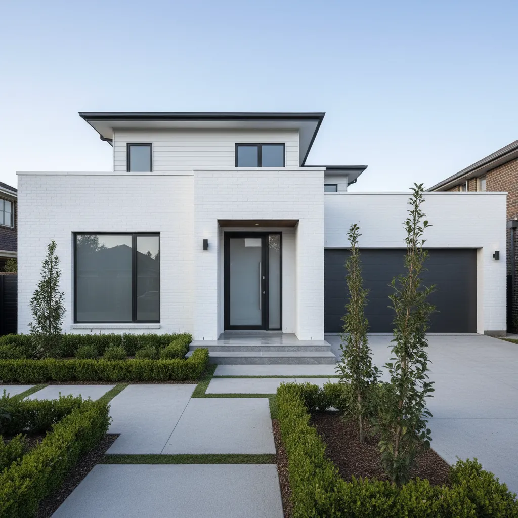 modern house exterior with smooth masonry paint coating over brick
