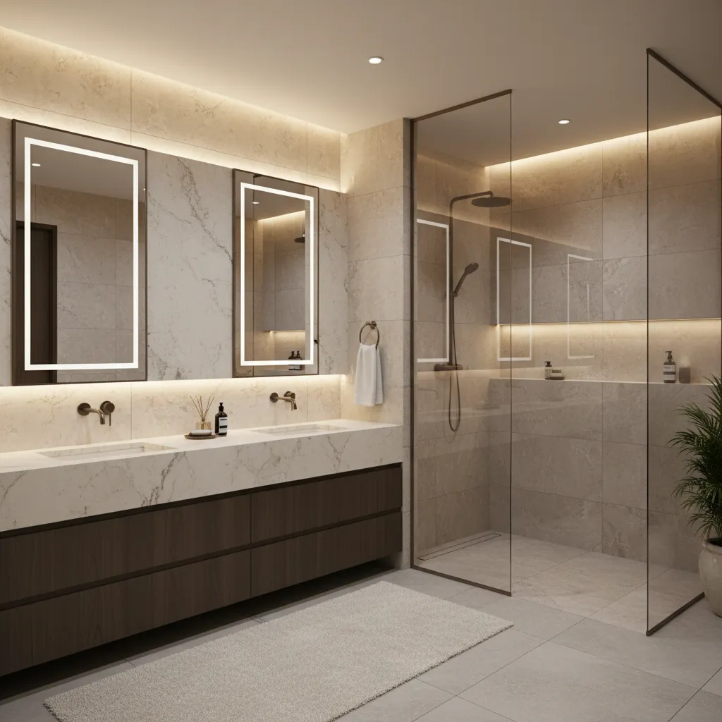 large modern master bathroom with double vanity and walk in shower illustrating space usage