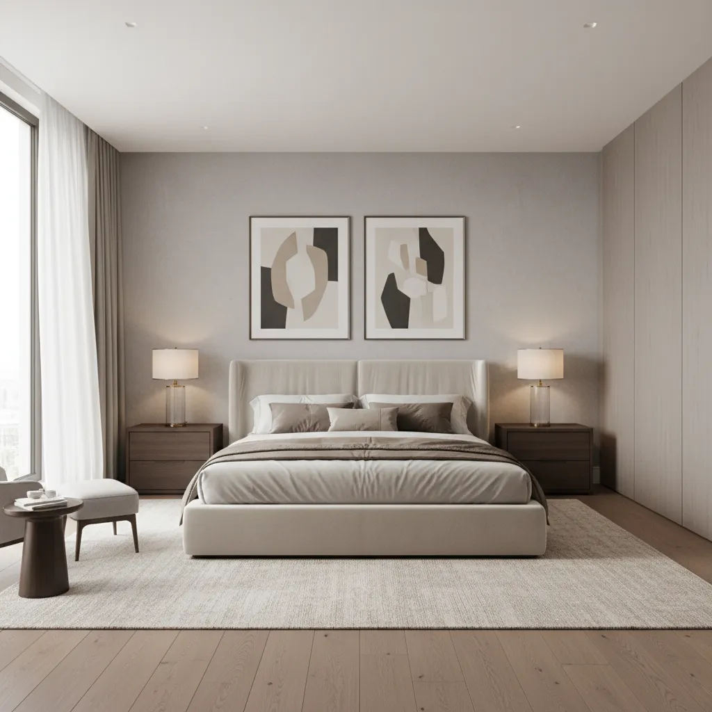 Spacious master bedroom layout with centered bed and symmetrical nightstands
