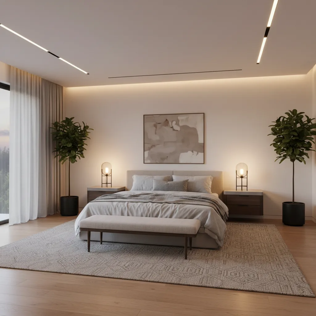 King bed centered on wall with symmetrical nightstands in large bedroom