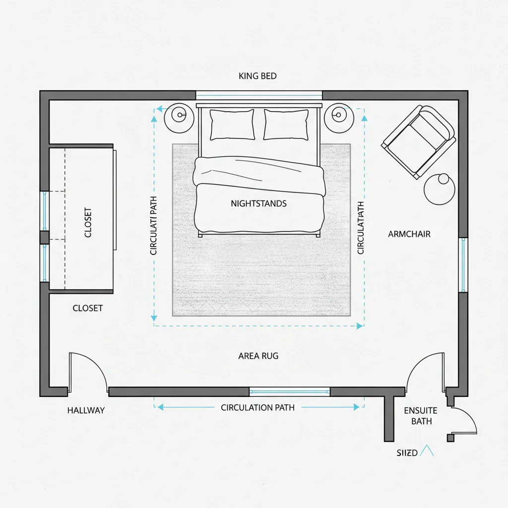Bedroom floor plan diagram showing circulation space around bed and furniture