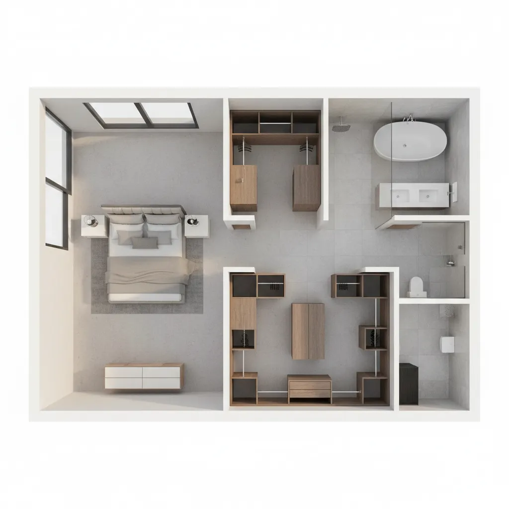 Bedroom layout showing walk in closet transition to bathroom