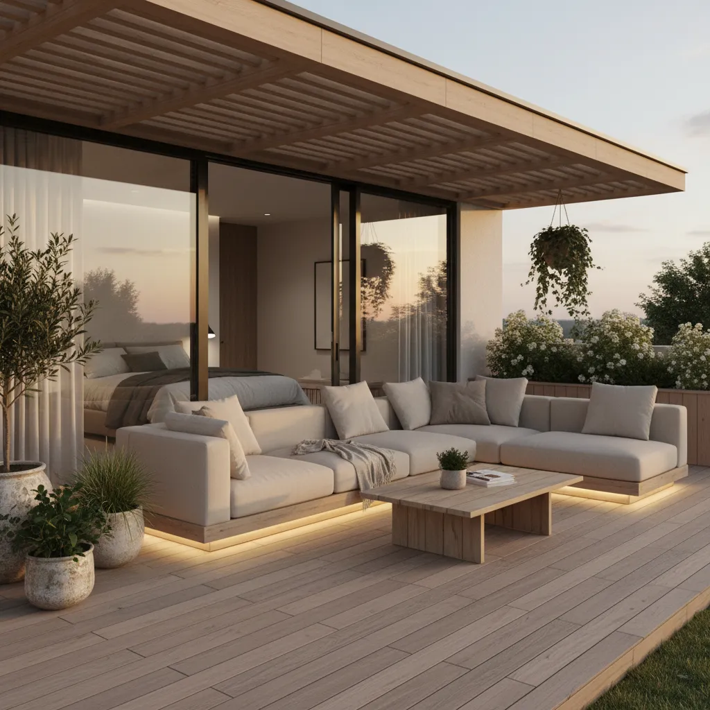 Large small bedroom deck layout with outdoor sofa and plants