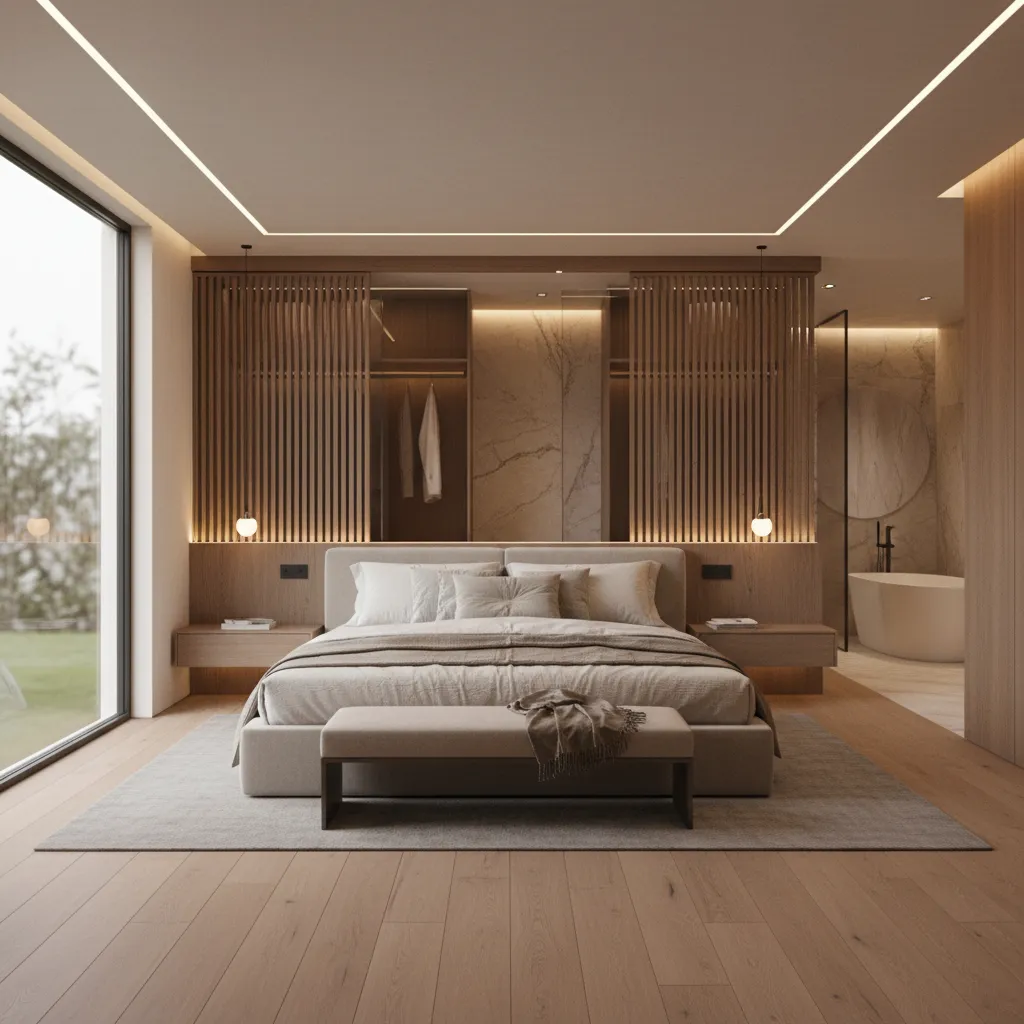 Luxury master bedroom featuring wooden wall panels large bed soft lighting closet space and window