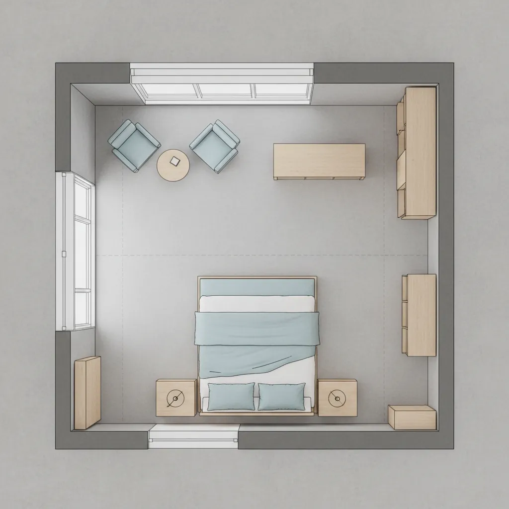 Simple master bedroom floor plan diagram showing bed dresser seating and circulation