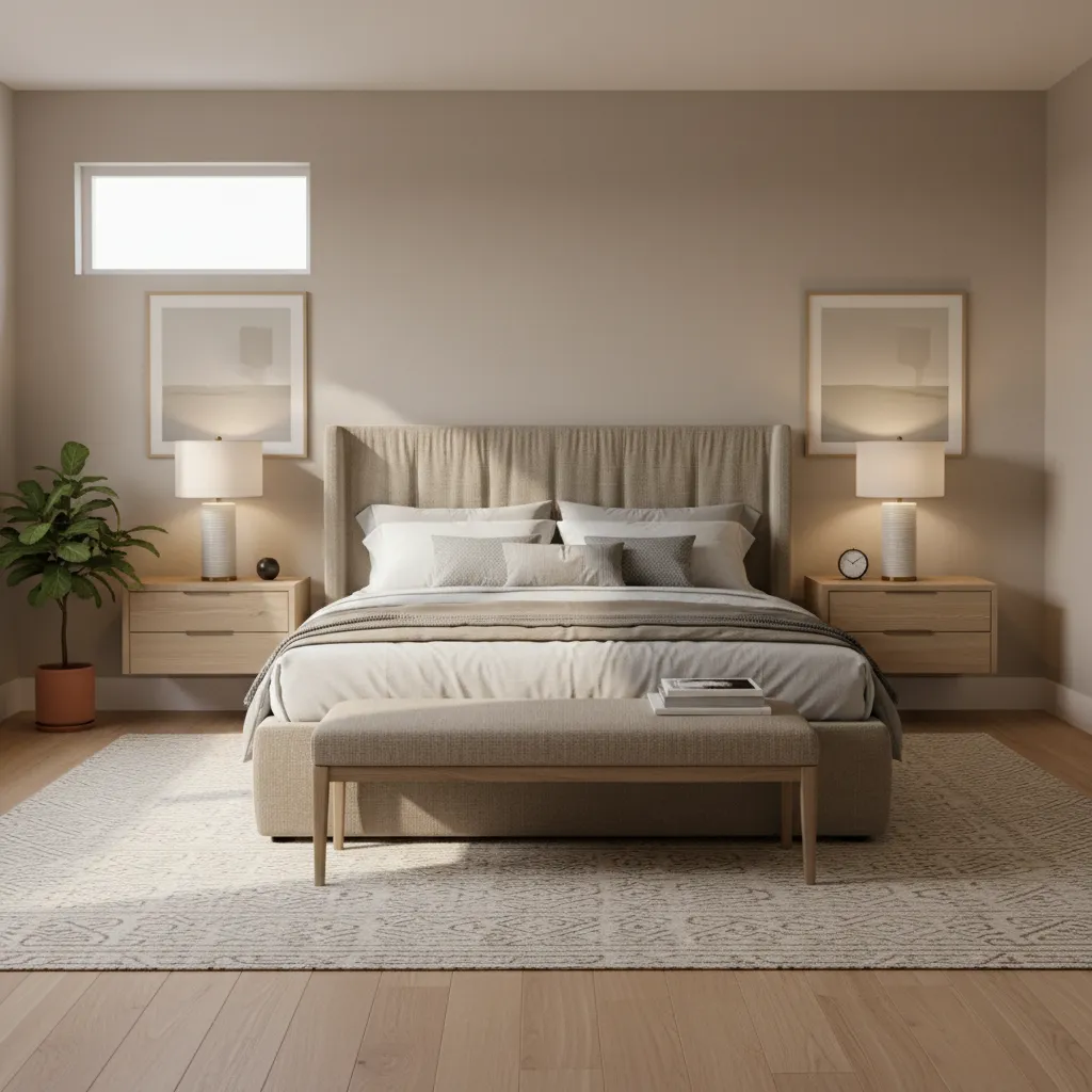 Master bedroom layout with bed centered on main wall and balanced nightstands