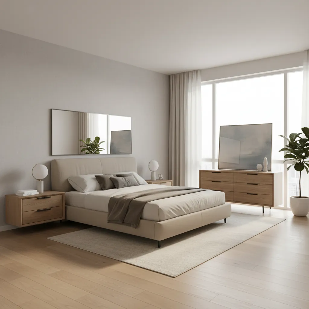 Spacious master bedroom with balanced bed placement and circulation space