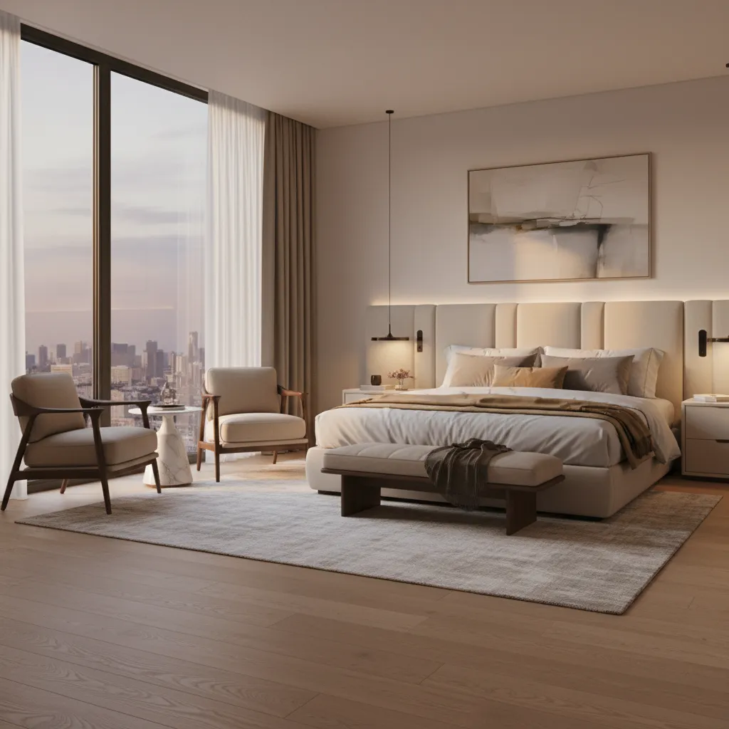 Master bedroom with seating area near window creating a relaxing retreat zone