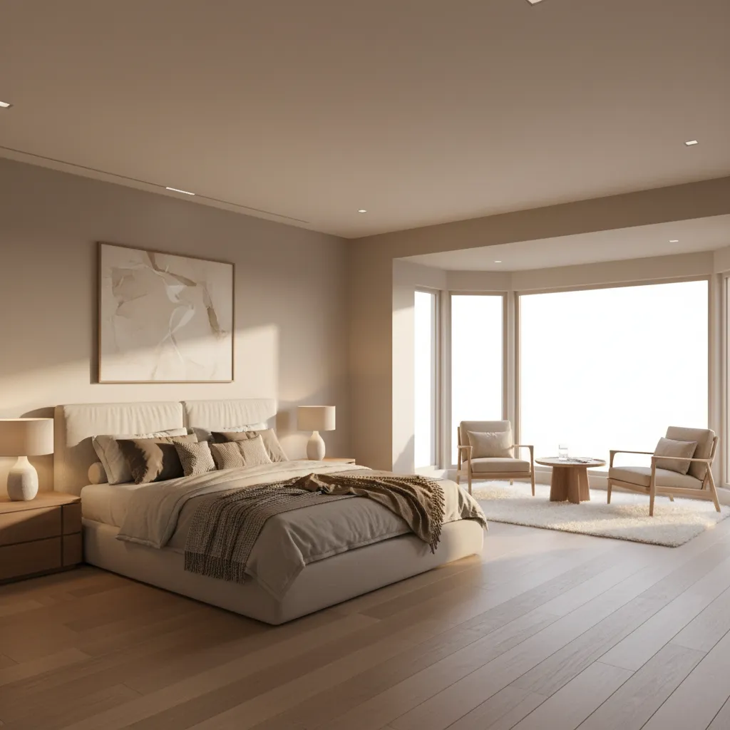 Master bedroom with separate seating zone near window