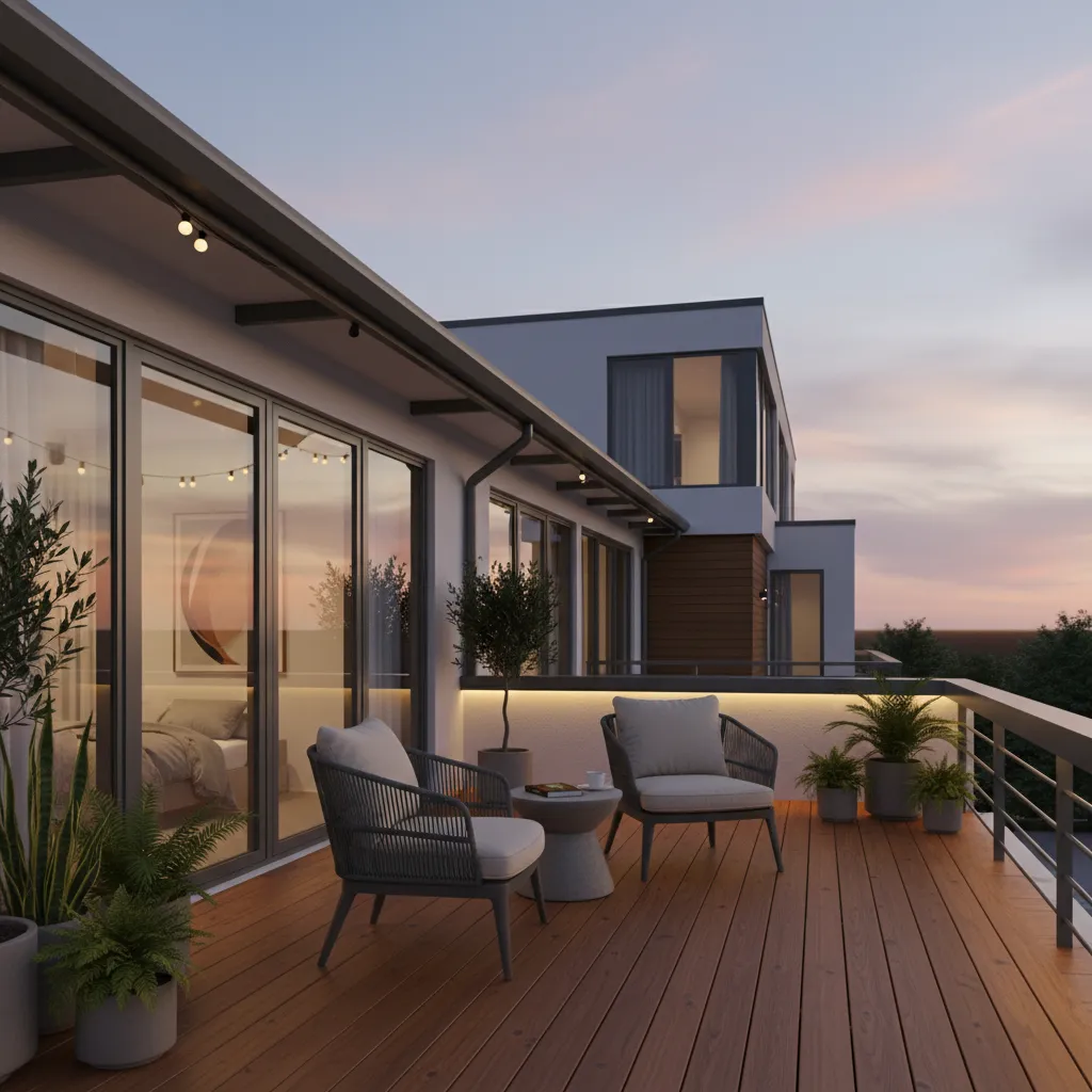 Small wooden deck connected to master bedroom with lounge chairs and plants