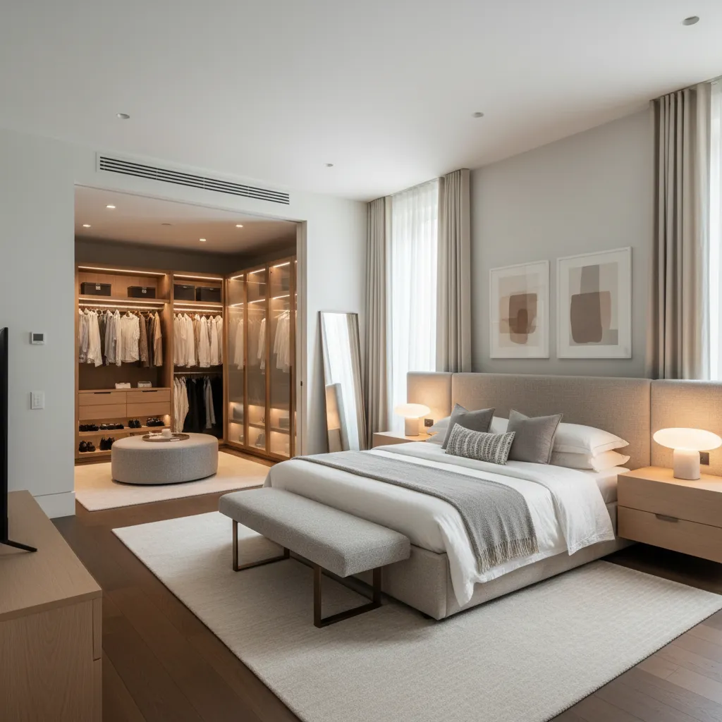 Dormitorio principal con vestidor en una casa moderna