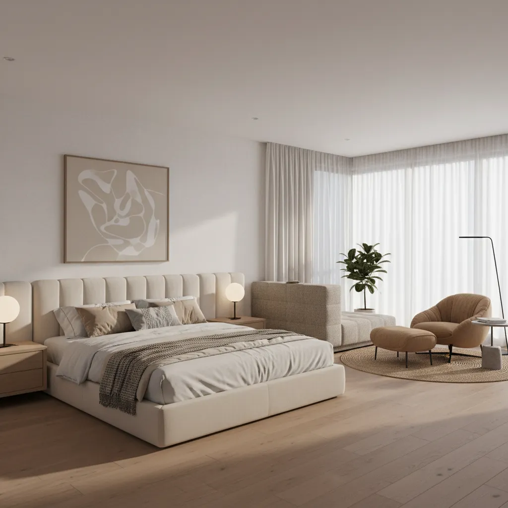 Large master bedroom with bed zone and reading chair area