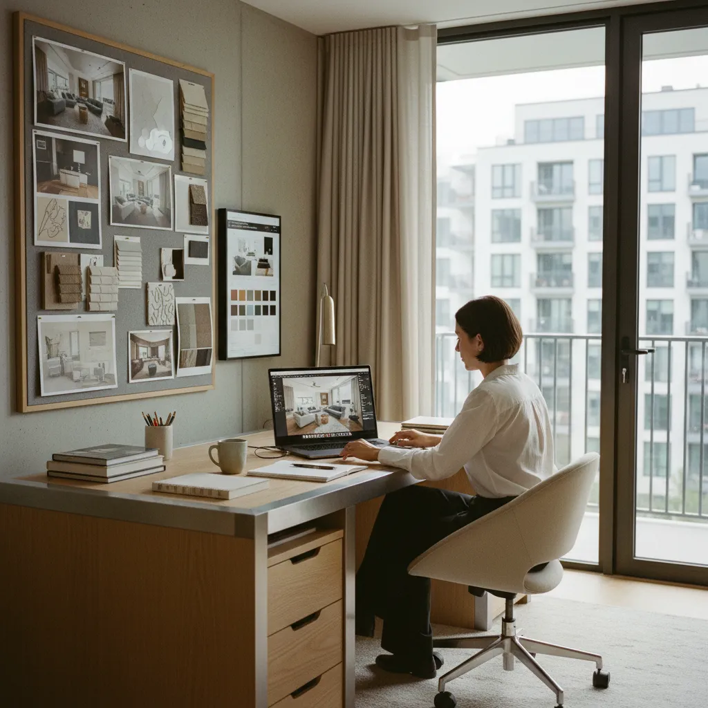 Woman using a laptop at a wooden desk with a mood board and large windows