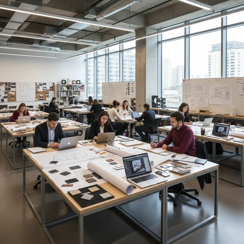People working on laptops and interior design drawings in modern office with city view windows