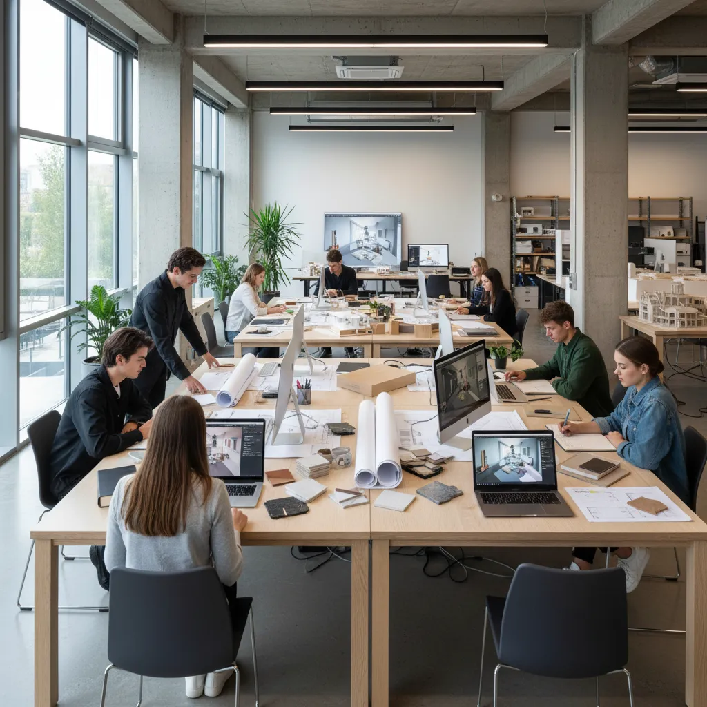 Design students working at wooden tables with computers and models near windows for bright light
