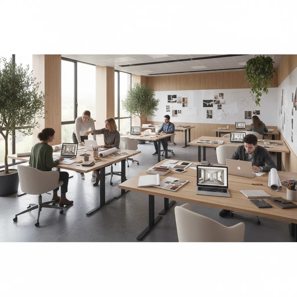 Modern studio with people working at wooden desks using laptops for an interior design project