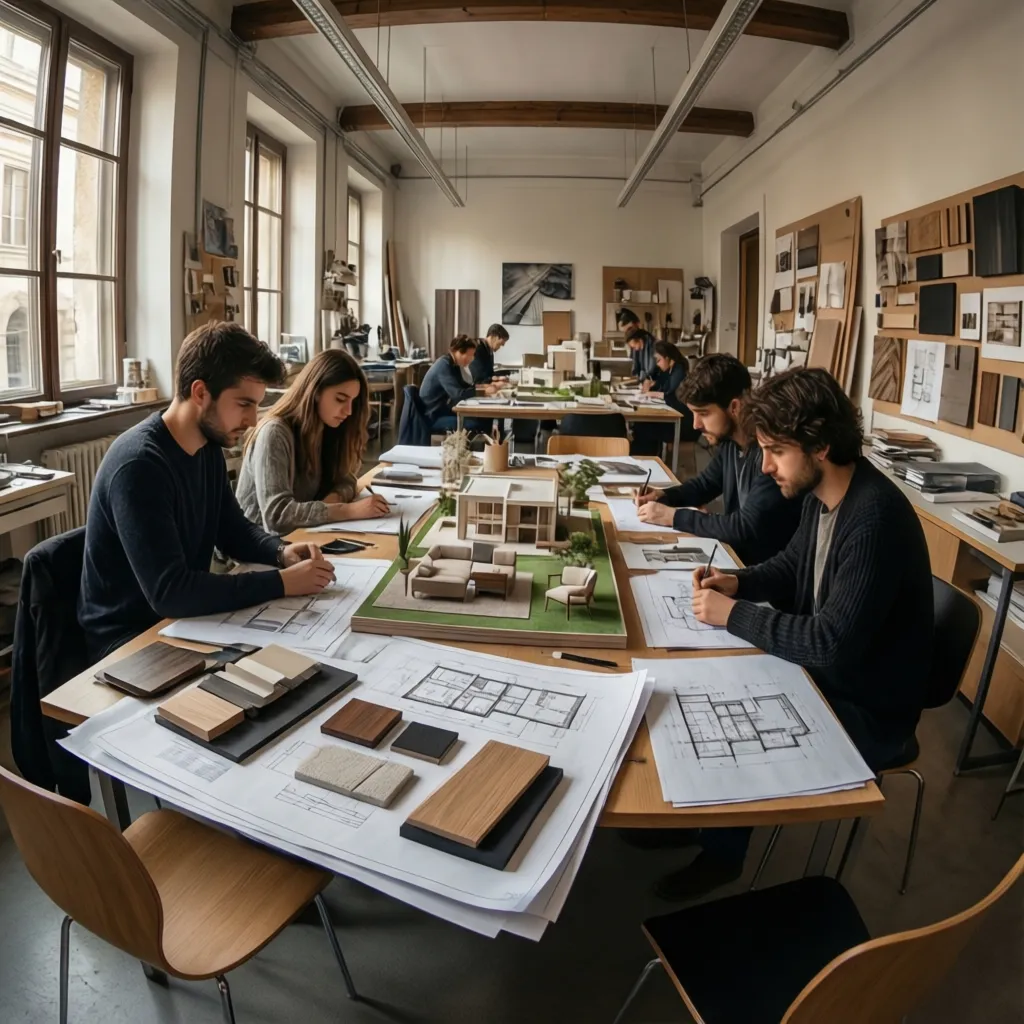 Interior design students working on floor plans and house models in a bright professional studio