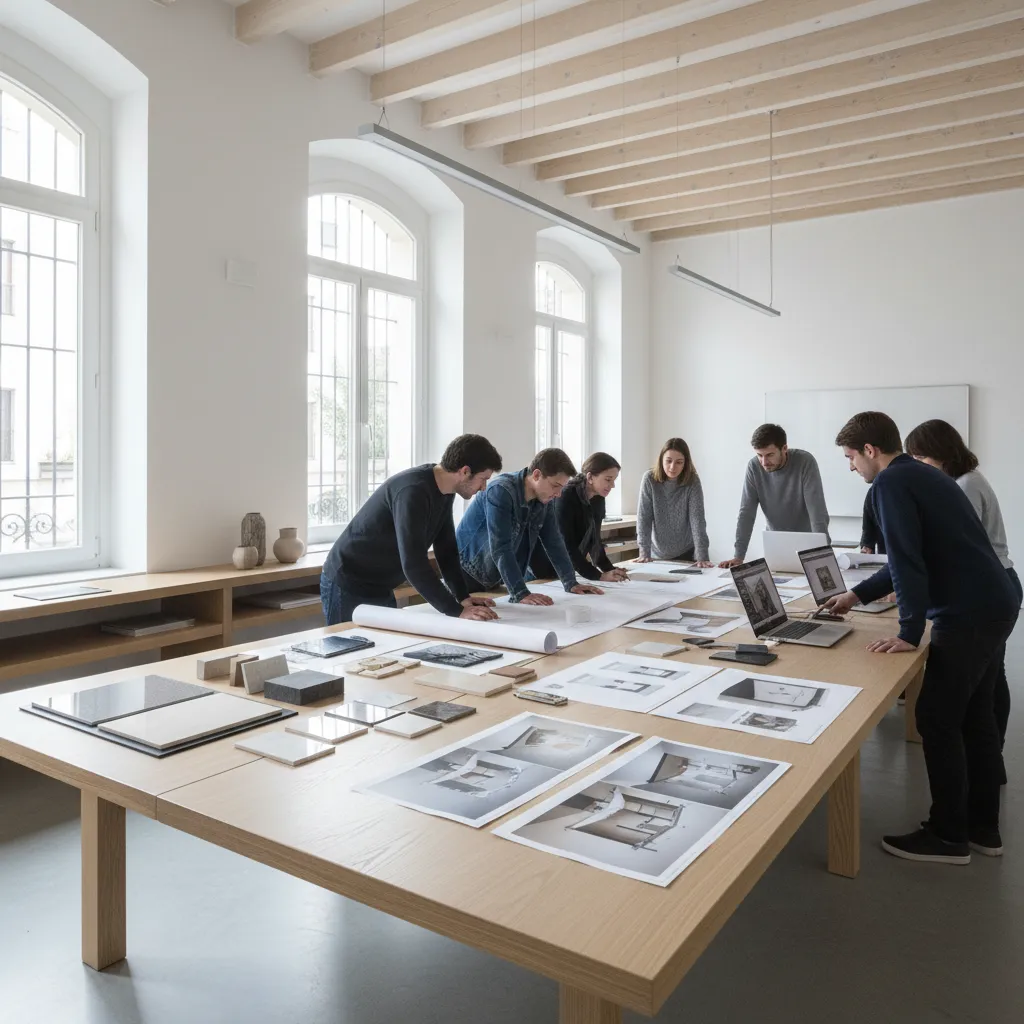 Group of people studying interior design drawings and material samples on a large wooden table