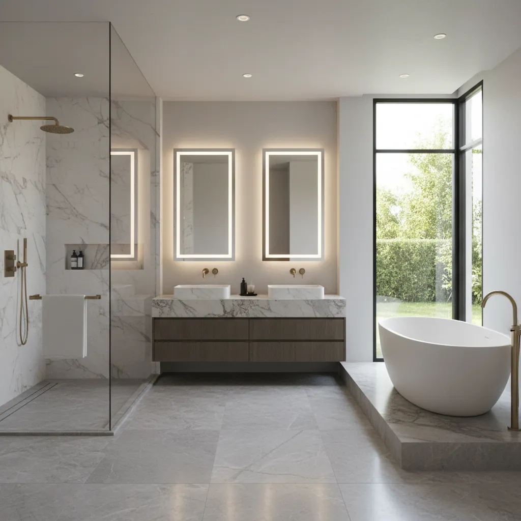 Modern ensuite bathroom with double vanity shower and bathtub