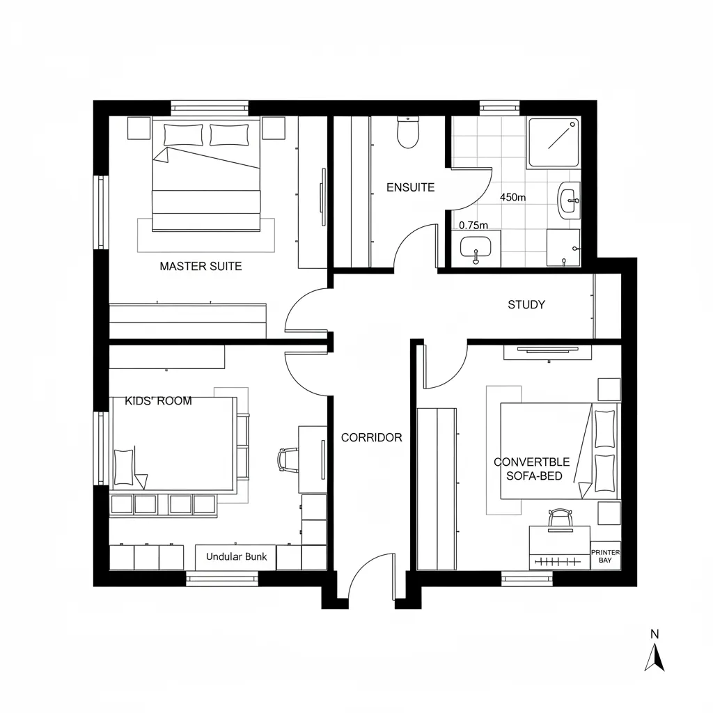 Top-down CAD plan of master suite, kids room, and study
