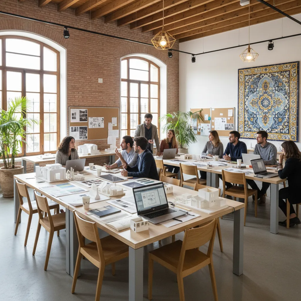 A group of designers working at large wooden tables with laptops and white house models