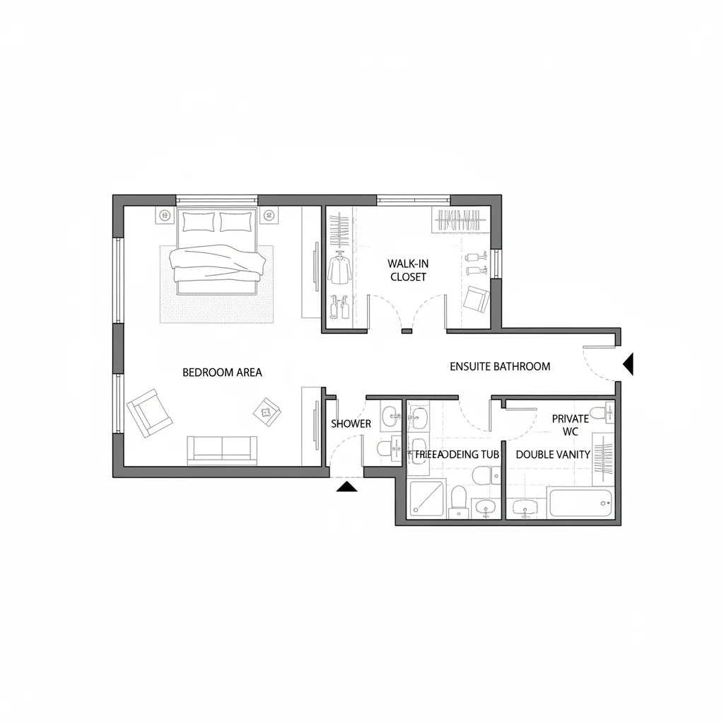 Architectural floor plan diagram of master bedroom ensuite layout