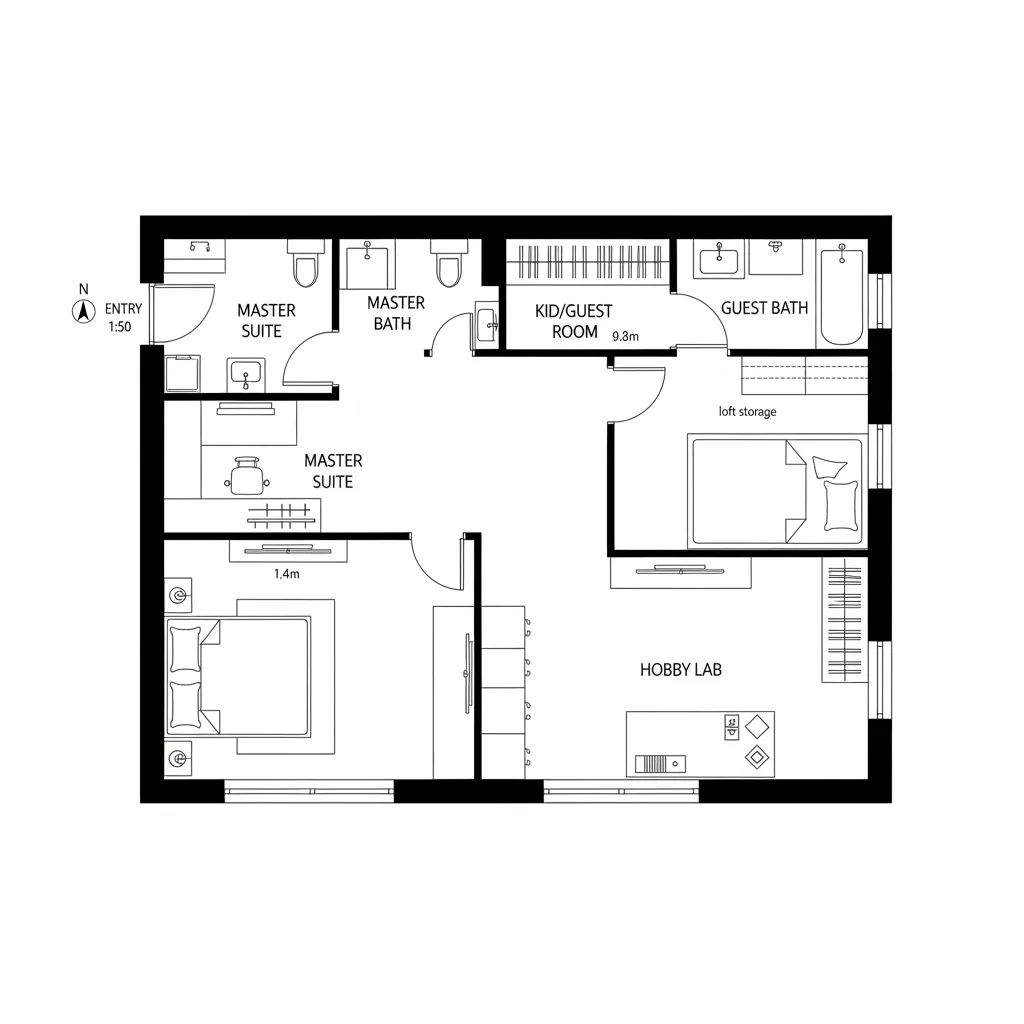 2D CAD plan showing master suite with micro-office and flexible kid/guest room