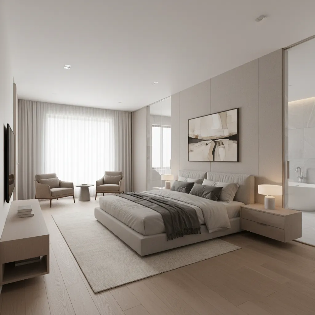 Spacious master bedroom suite showing connection to ensuite bathroom