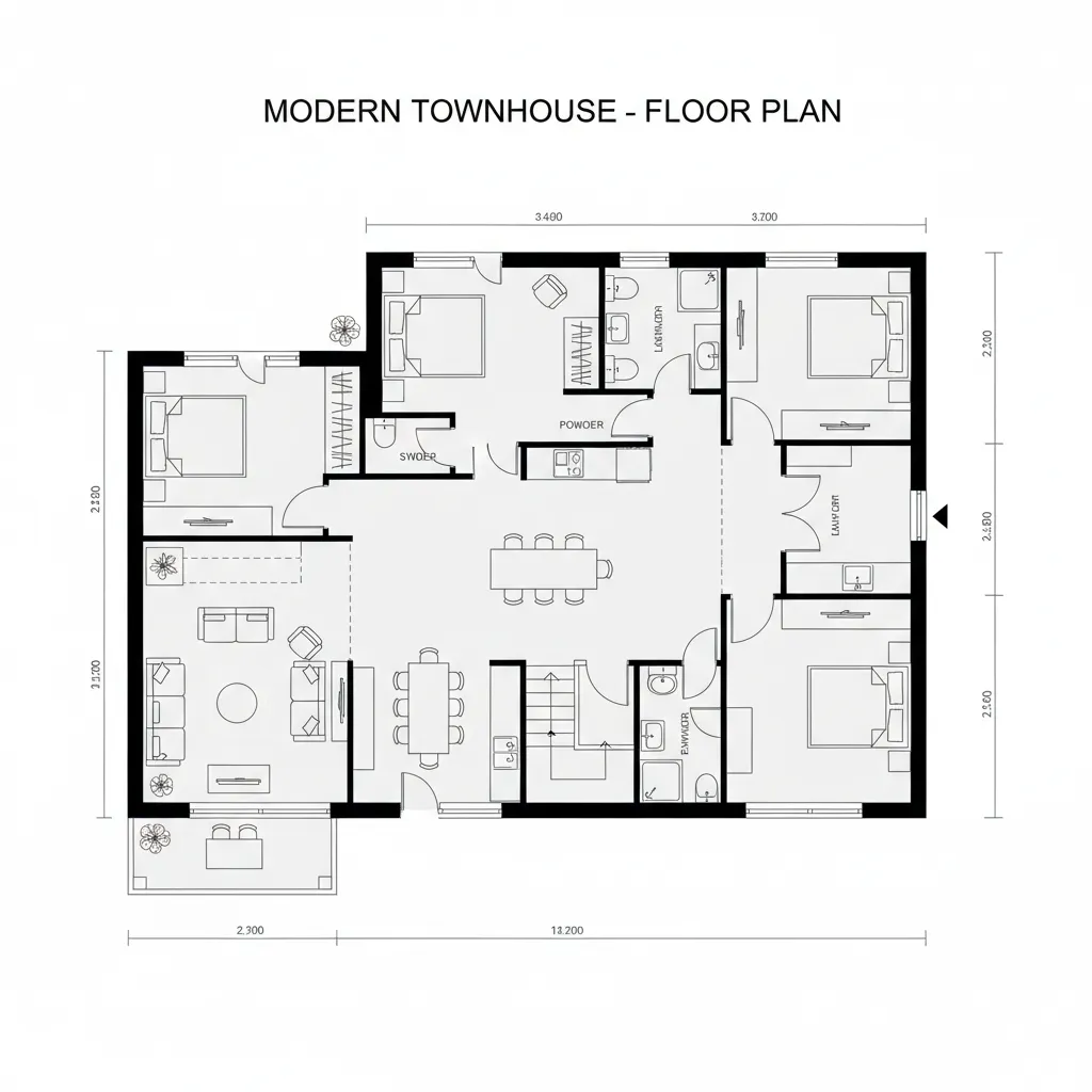 Modern townhouse floor plan showing four bedrooms living room kitchen dining area and three bathrooms