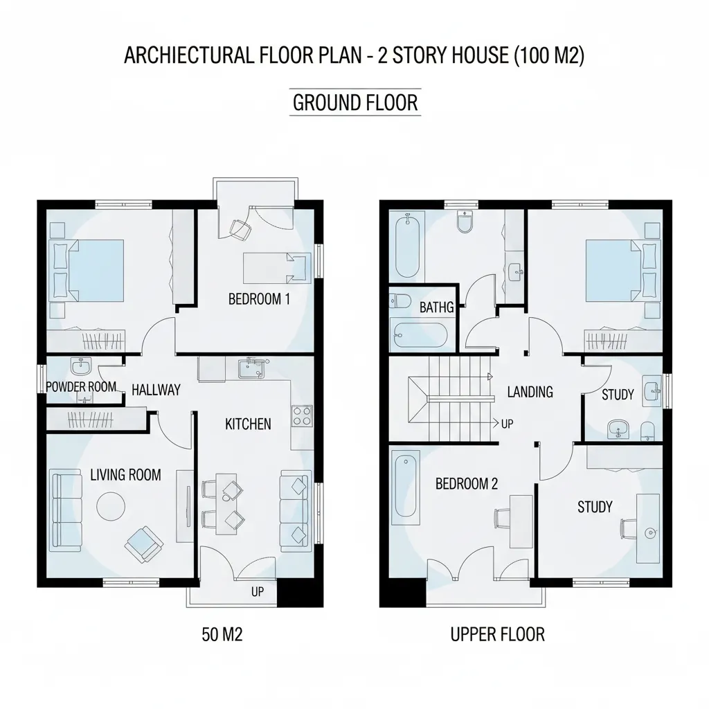 Two story house room layout showing ground floor and upper floor with living room and bedrooms