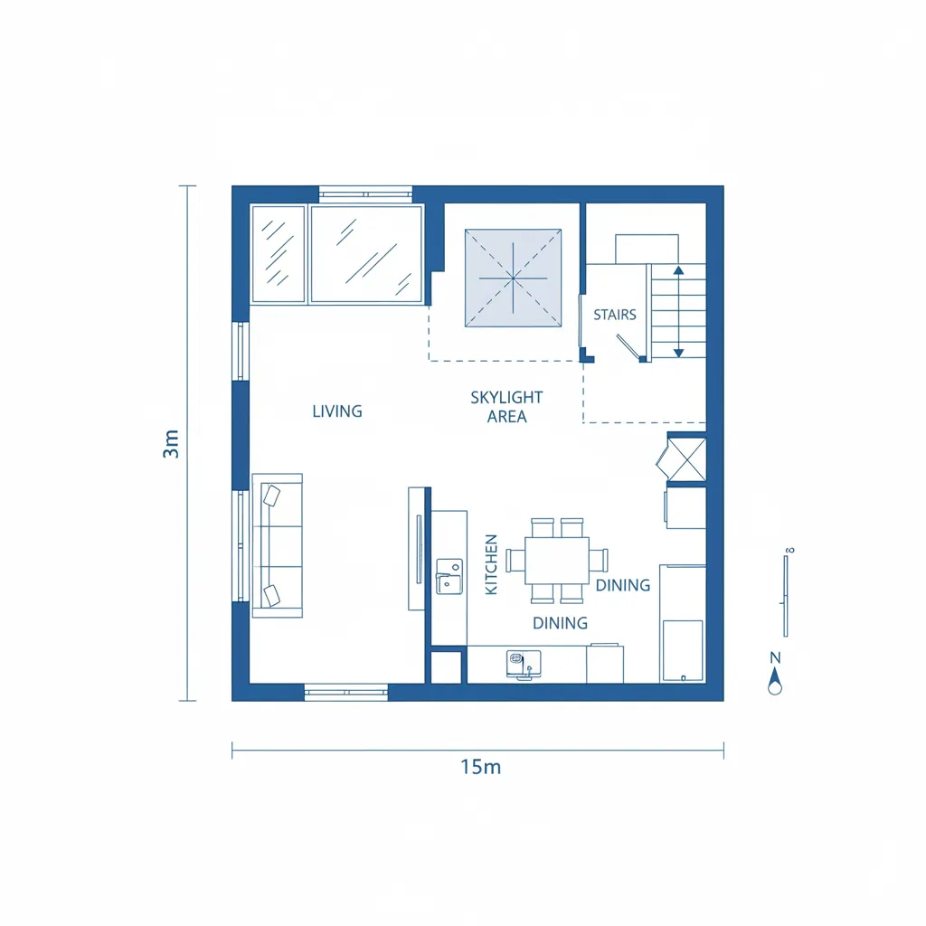 Narrow house floor plan with living room, kitchen, dining area, stairs, and central skylight layout