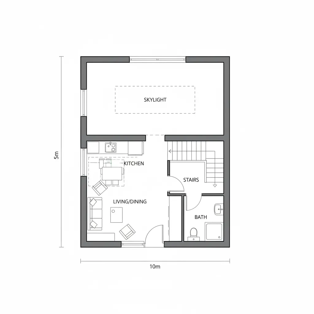 Interior design drawing showing a floor plan with kitchen living dining area bathroom and stairs