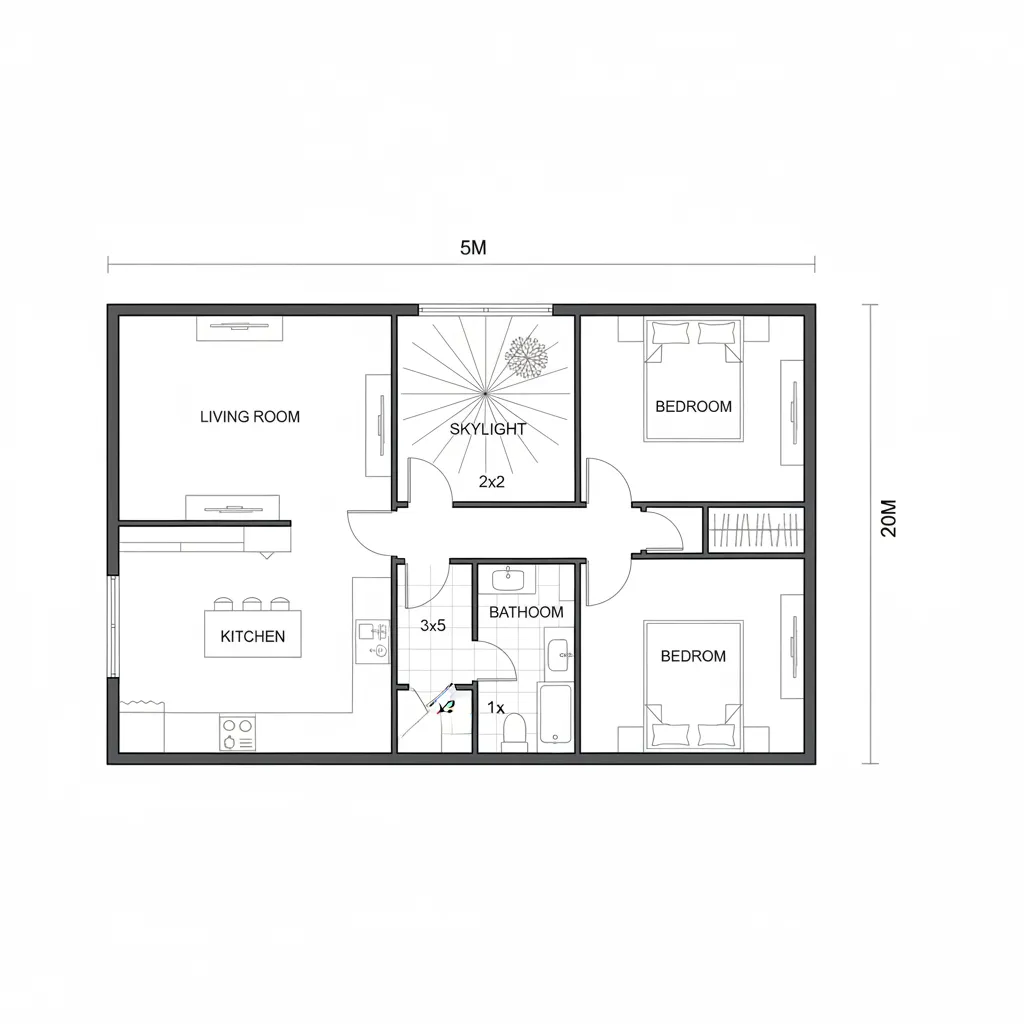Sơ đồ bố trí mặt bằng nhà cấp 4 5x20 gồm phòng khách bếp và phòng ngủ