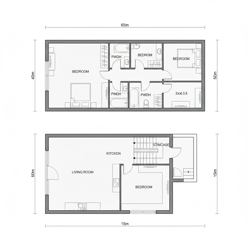 Sơ đồ bố trí mặt bằng nhà 2 tầng 6x15m với phòng khách bếp và cầu thang giữa
