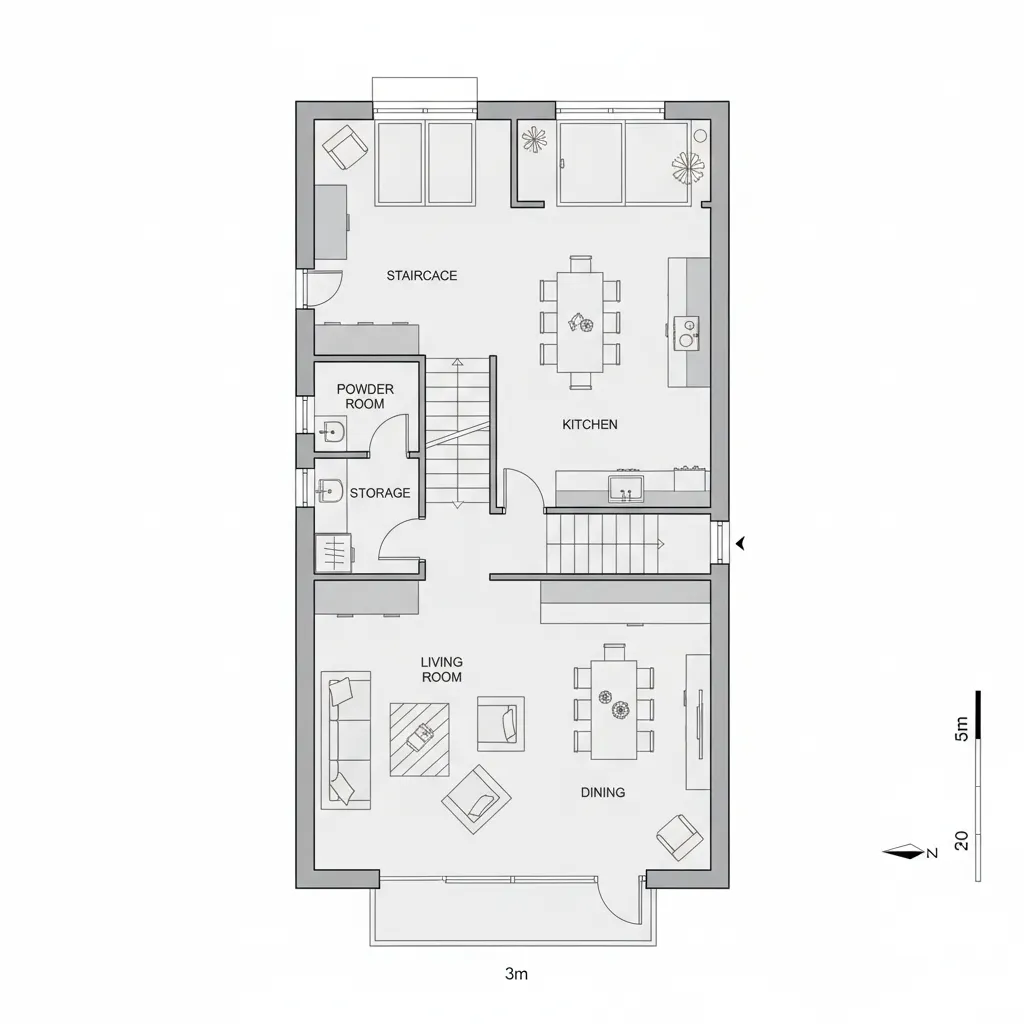 Interior design drawing showing a house floor plan with kitchen, dining, living room, and stairs.