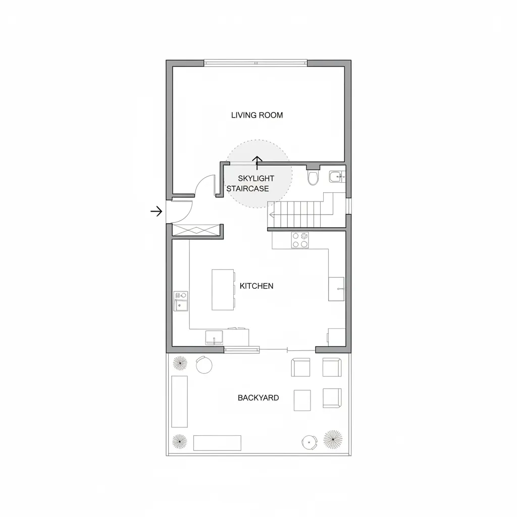 Sơ đồ bố trí mặt bằng nhà phố 5x20 gồm phòng khách bếp và giếng trời
