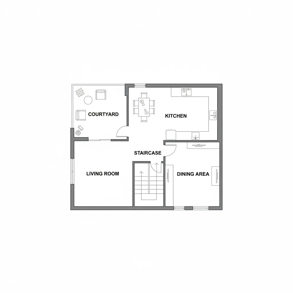 Sơ đồ bố trí mặt bằng nhà phố mặt tiền 7m với phòng khách bếp và cầu thang